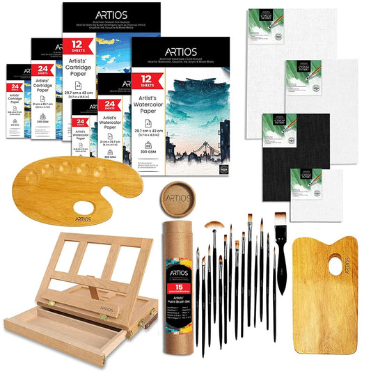 Painting Kit for Artists - 142pcs Painting Set for Adults and Kids with Premium Desk Easel, Paintbrush Set, Mixed Media Cartridge Papers, Watercolor Papers, Canvas Boards, and Wooden Palettes