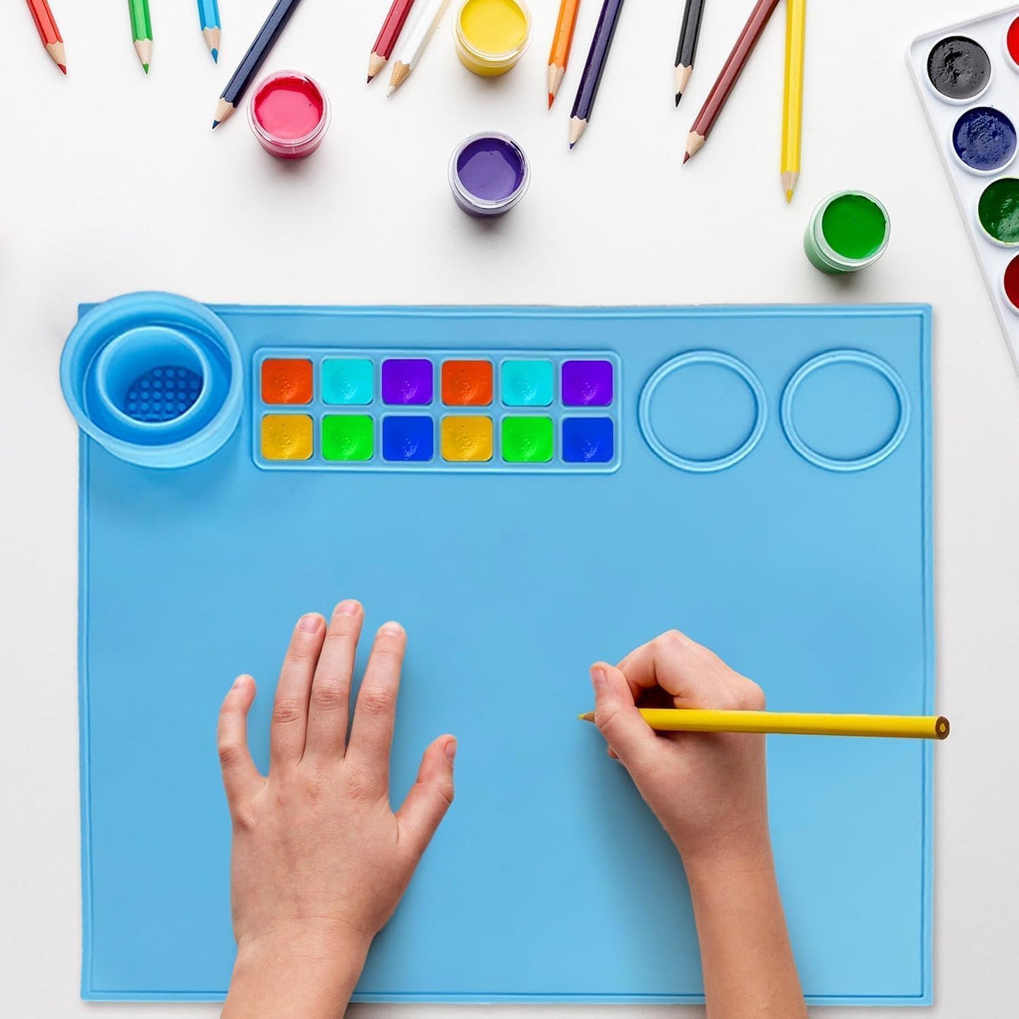 Silicone Painting Mat – 43x38cm Non-Stick & Waterproof Craft Mat for Painting – Foldable Brush Cleaning Cup, 12 Paint Wells & Mixing Area – Perfect for Acrylic, Watercolor, Clay & Resin Art