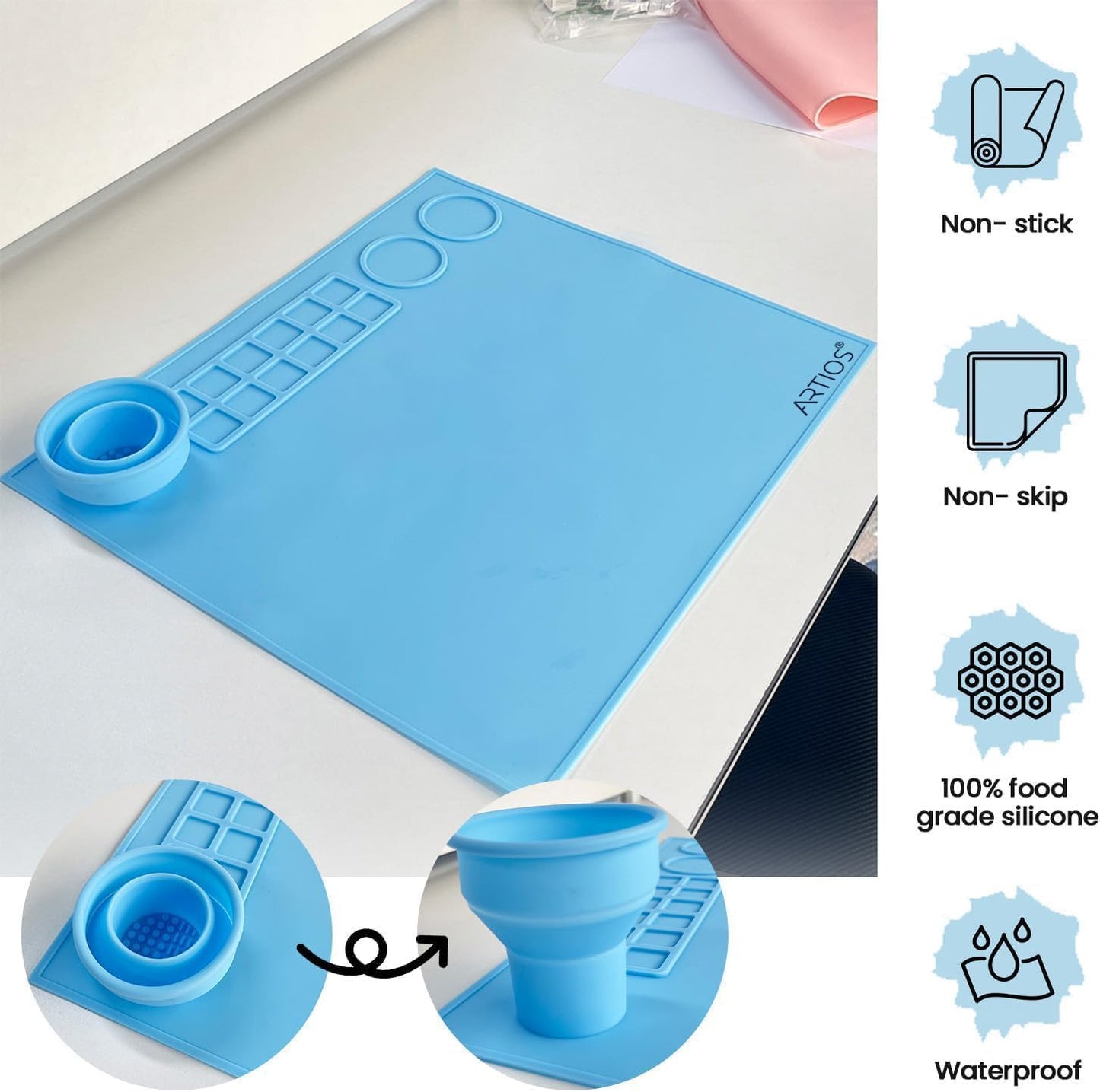 Silicone Painting Mat – 43x38cm Non-Stick & Waterproof Craft Mat for Painting – Foldable Brush Cleaning Cup, 12 Paint Wells & Mixing Area – Perfect for Acrylic, Watercolor, Clay & Resin Art