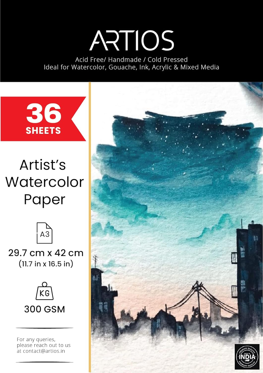 Artists' Watercolor Paper A3 300 GSM - 100% Cotton, Cold-Pressed, Acid-Free, Handmade Water Colour Papers for Watercolour, Acrylic, Gouache, Ink & Mixed Media, 36 Sheets