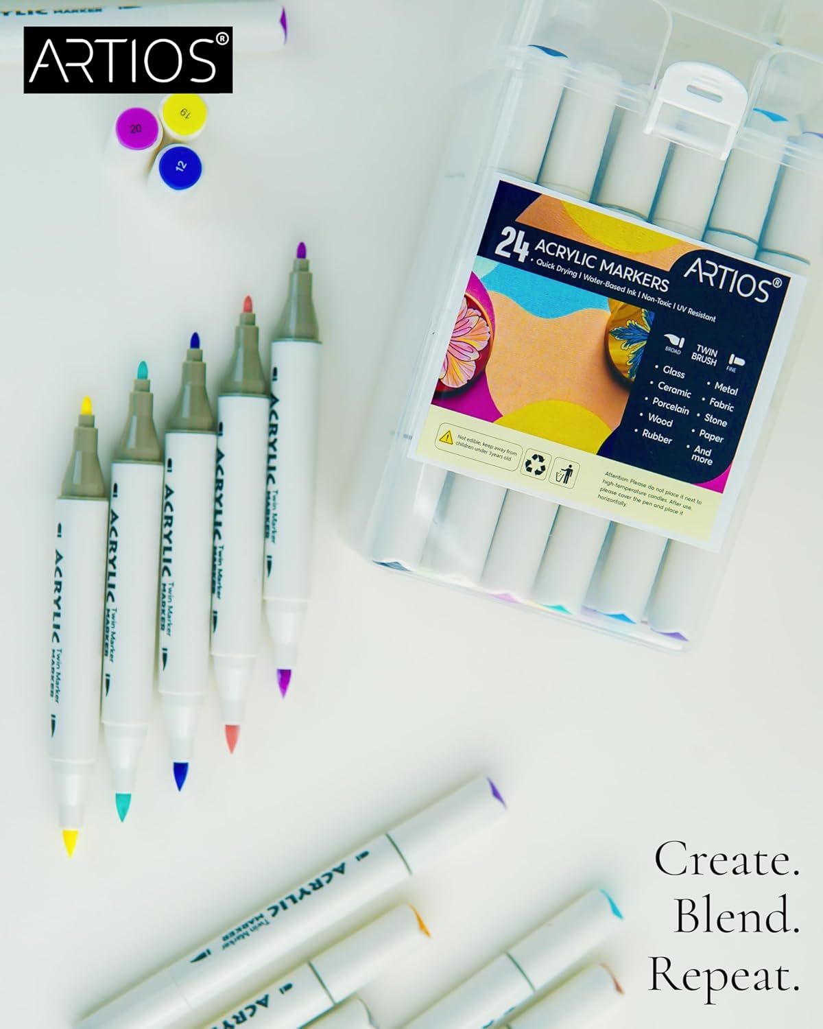 Acrylic Markers Set | 24 Vibrant Colors | Dual Tip Design (1mm Fine + Broad Brush) | Quick-Drying, Non-Toxic, Waterproof| Ideal for Glass, Rock, Wood, Ceramic, Fabric & DIY Crafts