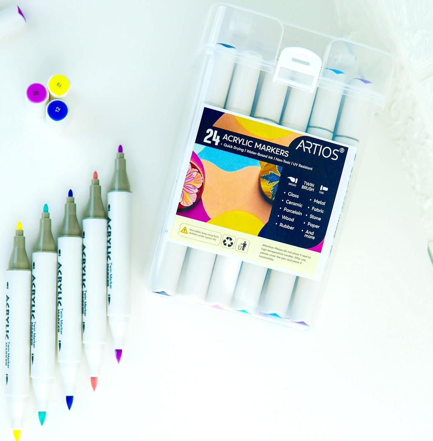 Acrylic Markers Set | 24 Vibrant Colors | Dual Tip Design (1mm Fine + Broad Brush) | Quick-Drying, Non-Toxic, Waterproof| Ideal for Glass, Rock, Wood, Ceramic, Fabric & DIY Crafts
