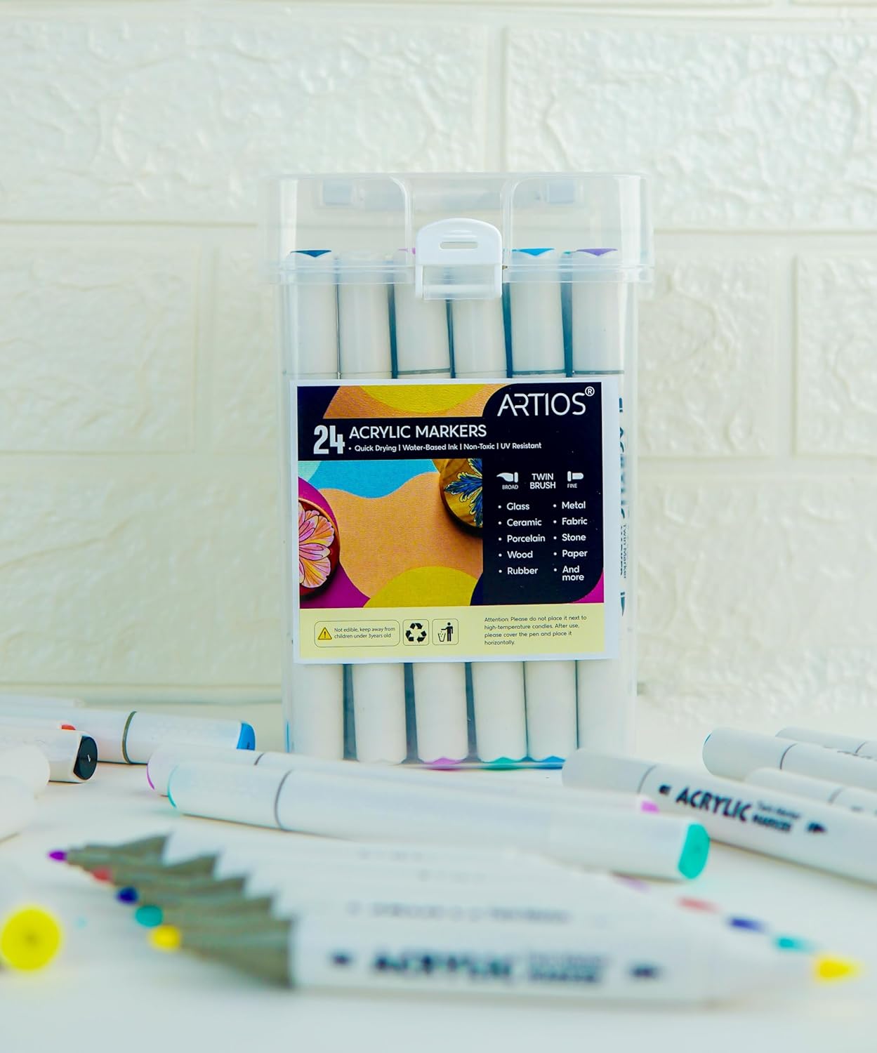 Acrylic Markers Set | 24 Vibrant Colors | Dual Tip Design (1mm Fine + Broad Brush) | Quick-Drying, Non-Toxic, Waterproof| Ideal for Glass, Rock, Wood, Ceramic, Fabric & DIY Crafts