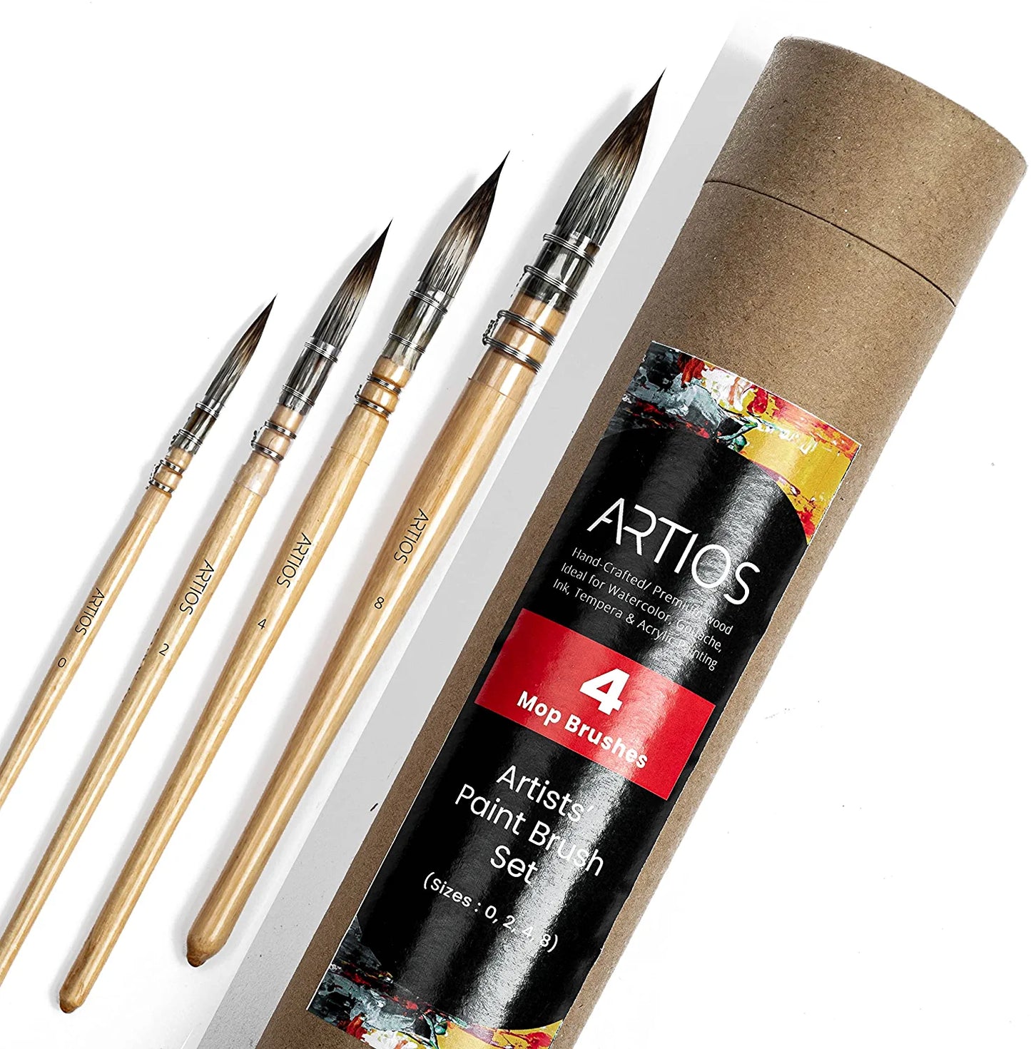 ARTIOS Mop Paint Brush - handmade synthetic bristles, round absorbent tip, wooden handle for watercolor