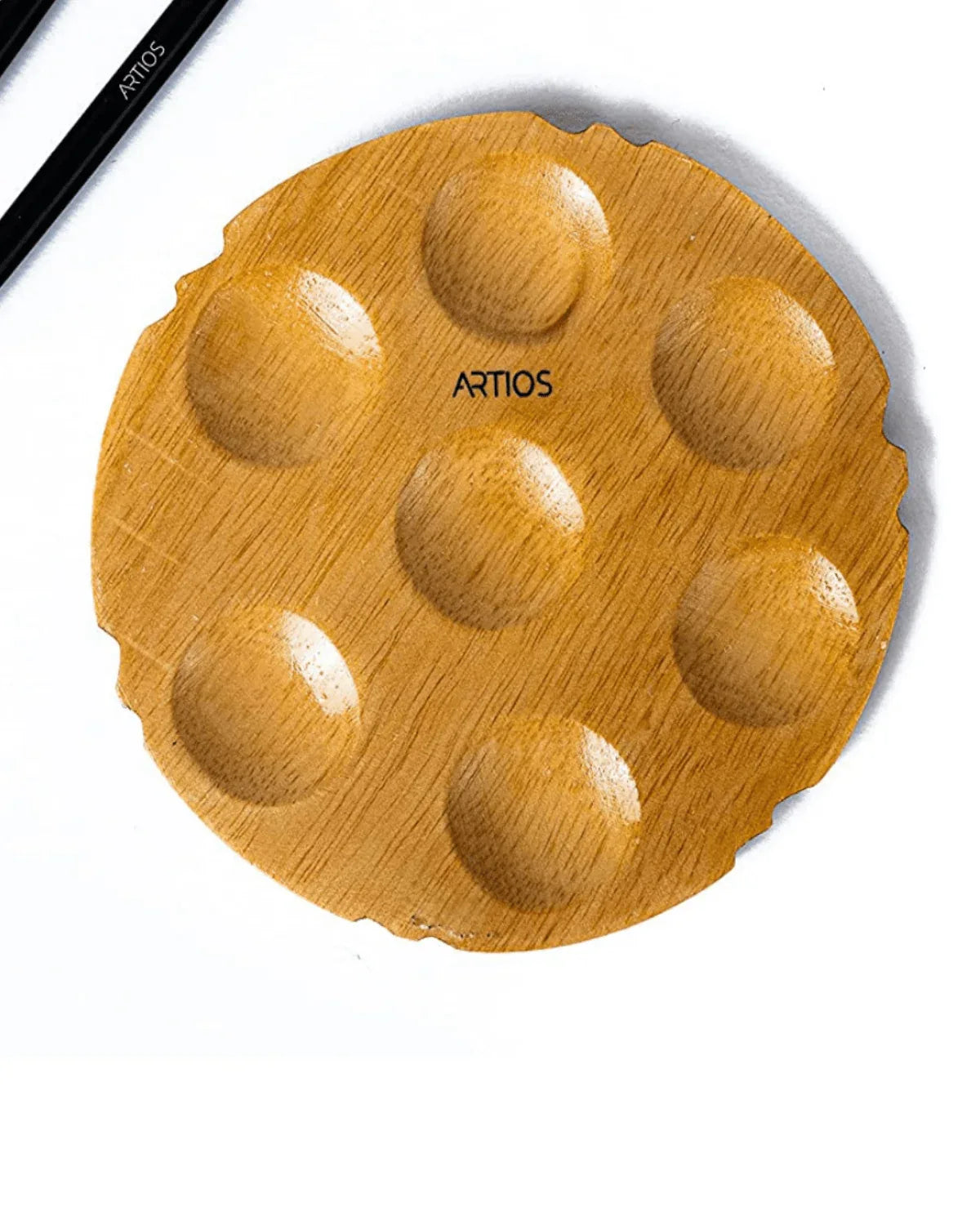 ARTIOS Wooden Mini Painting Palette - round shape with 7 paint wells, lightweight wood for acrylic, oil and gouache mixing