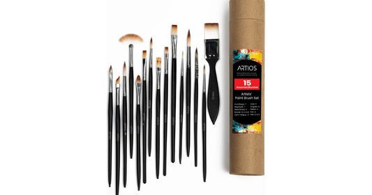 ARTIOS mixed set of 15 paint brushes laid out showing flat, round, filbert, fan, angular, liner and mop shapes