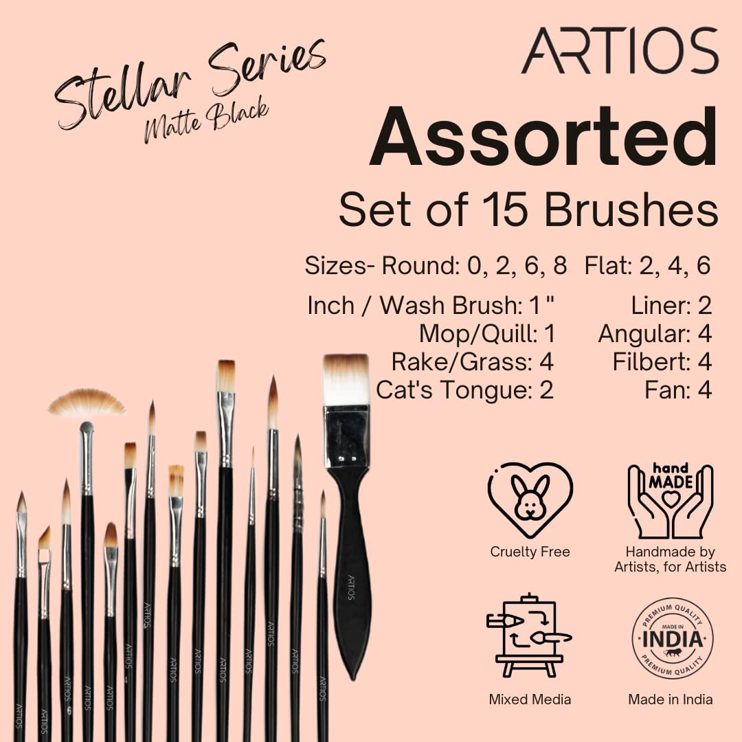 ARTIOS 15-piece paint brush set infographic showing all brush types