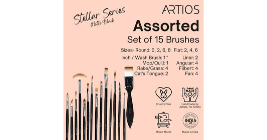 ARTIOS 15-piece paint brush set infographic showing all brush types
