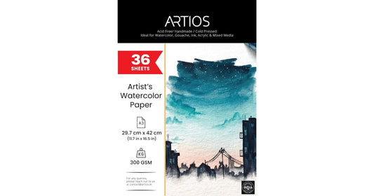 Pack of ARTIOS 100% cotton A3 cold pressed watercolor paper on a white background