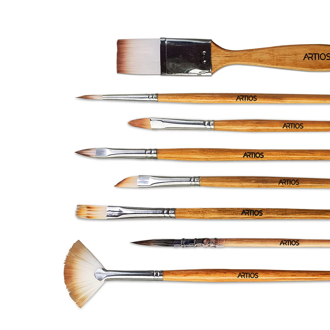 8 ARTIOS assorted paint brushes laid flat showing round, flat, and filbert shapes
