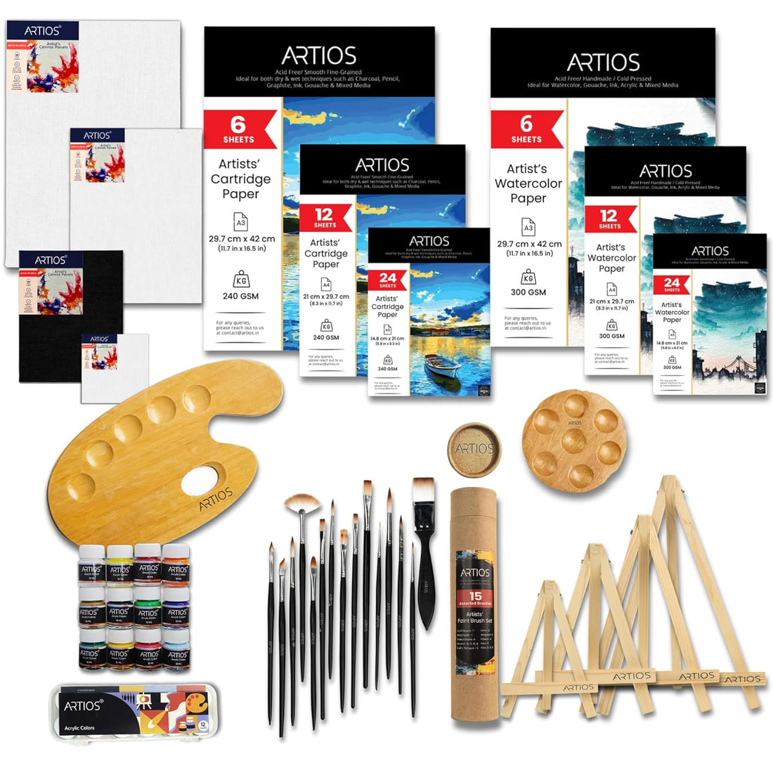 ARTIOS 121-piece Premium Painting Kit flat lay showing all art supplies