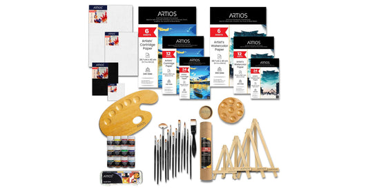 ARTIOS 121-piece Premium Painting Kit flat lay showing all art supplies