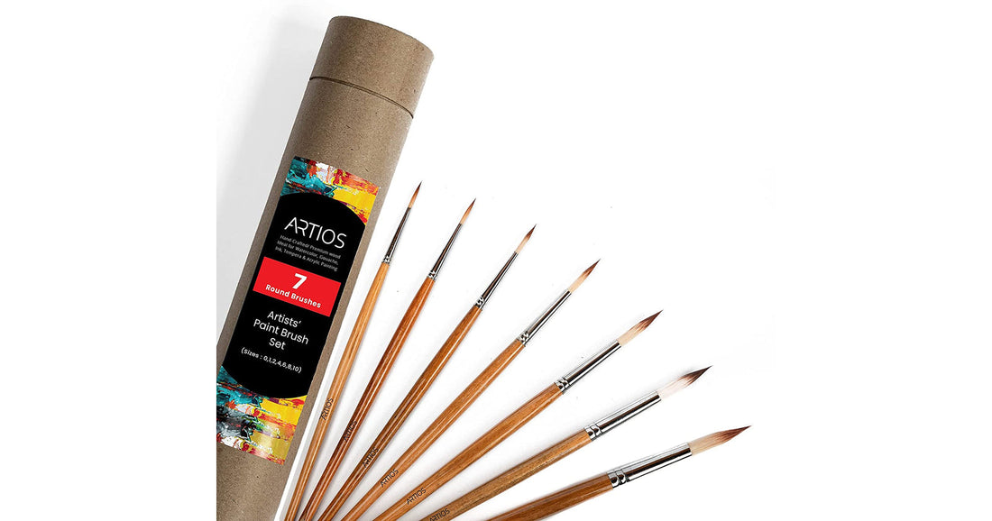 ARTIOS round paint brush set of 7 with wooden handles beside a kraft tube