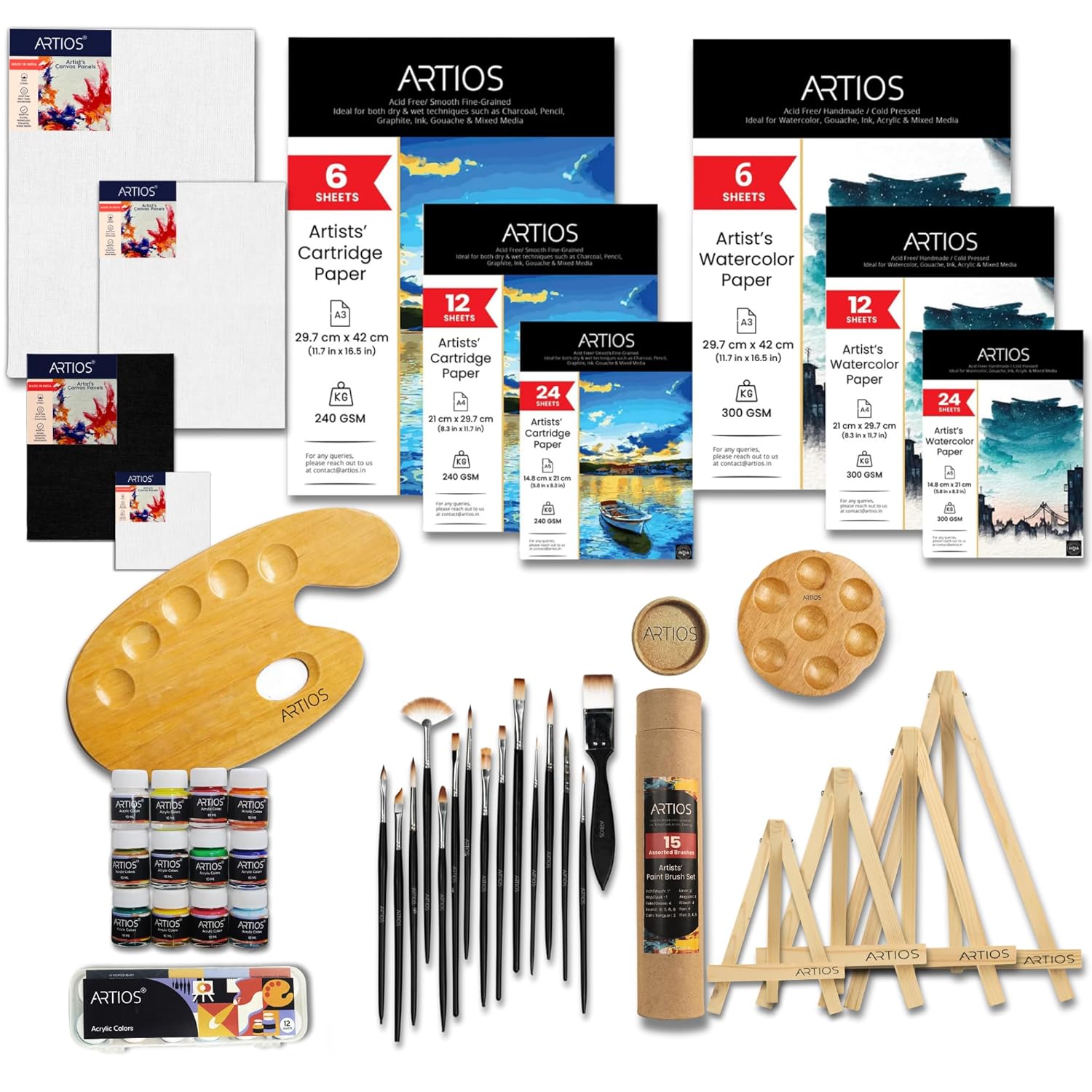 ARTIOS 121-piece premium painting kit flat lay - canvas boards, papers, brushes, paints, easel and palette