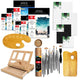 ARTIOS 142-piece Deluxe Kit flat lay, cartridge and watercolor paper packs A3 to A5, canvas boards in 4 sizes plus black panels, E-510 desk easel, 15-brush set, two wooden palettes