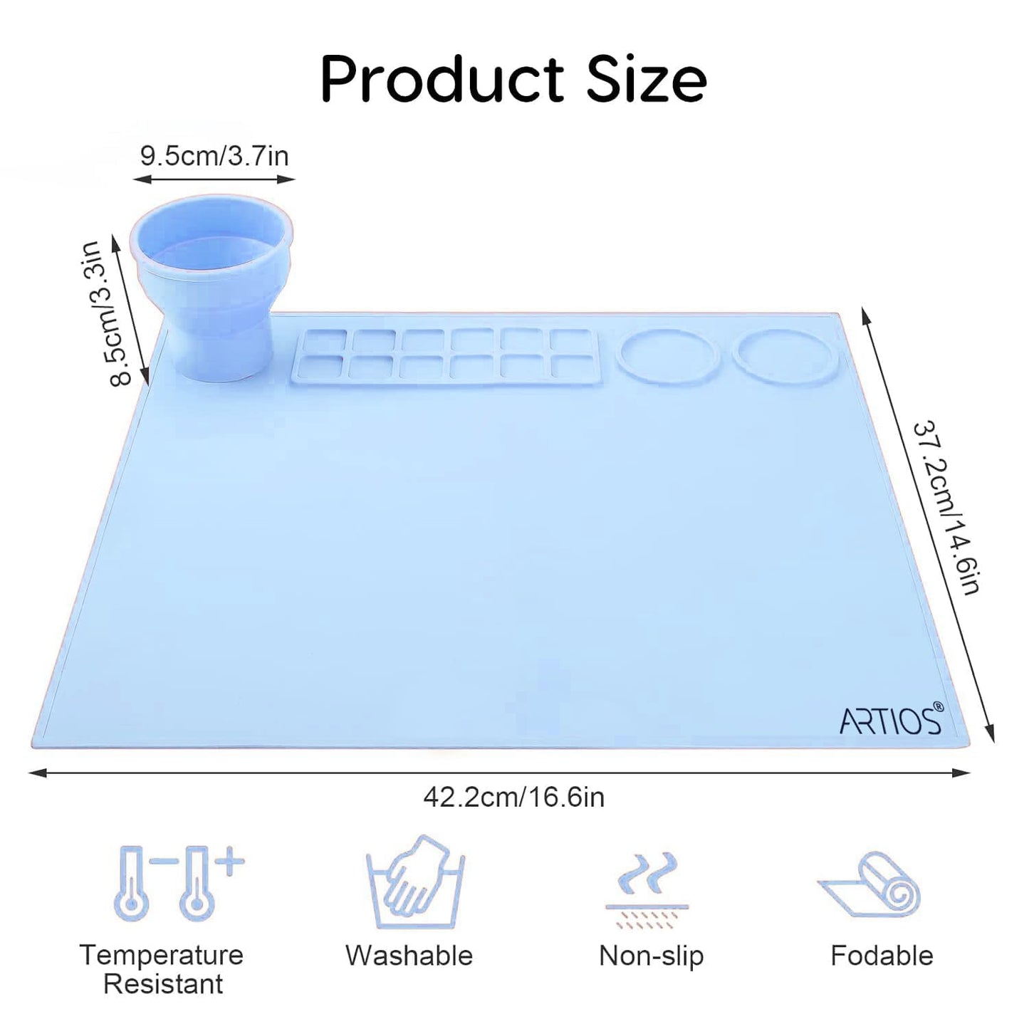 Silicone Painting Mat – 43x38cm Non-Stick & Waterproof Craft Mat for Painting – Foldable Brush Cleaning Cup, 12 Paint Wells & Mixing Area – Perfect for Acrylic, Watercolor, Clay & Resin Art