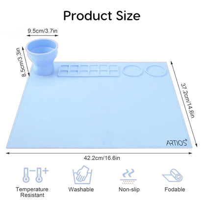 Silicone Painting Mat – 43x38cm Non-Stick & Waterproof Craft Mat for Painting – Foldable Brush Cleaning Cup, 12 Paint Wells & Mixing Area – Perfect for Acrylic, Watercolor, Clay & Resin Art
