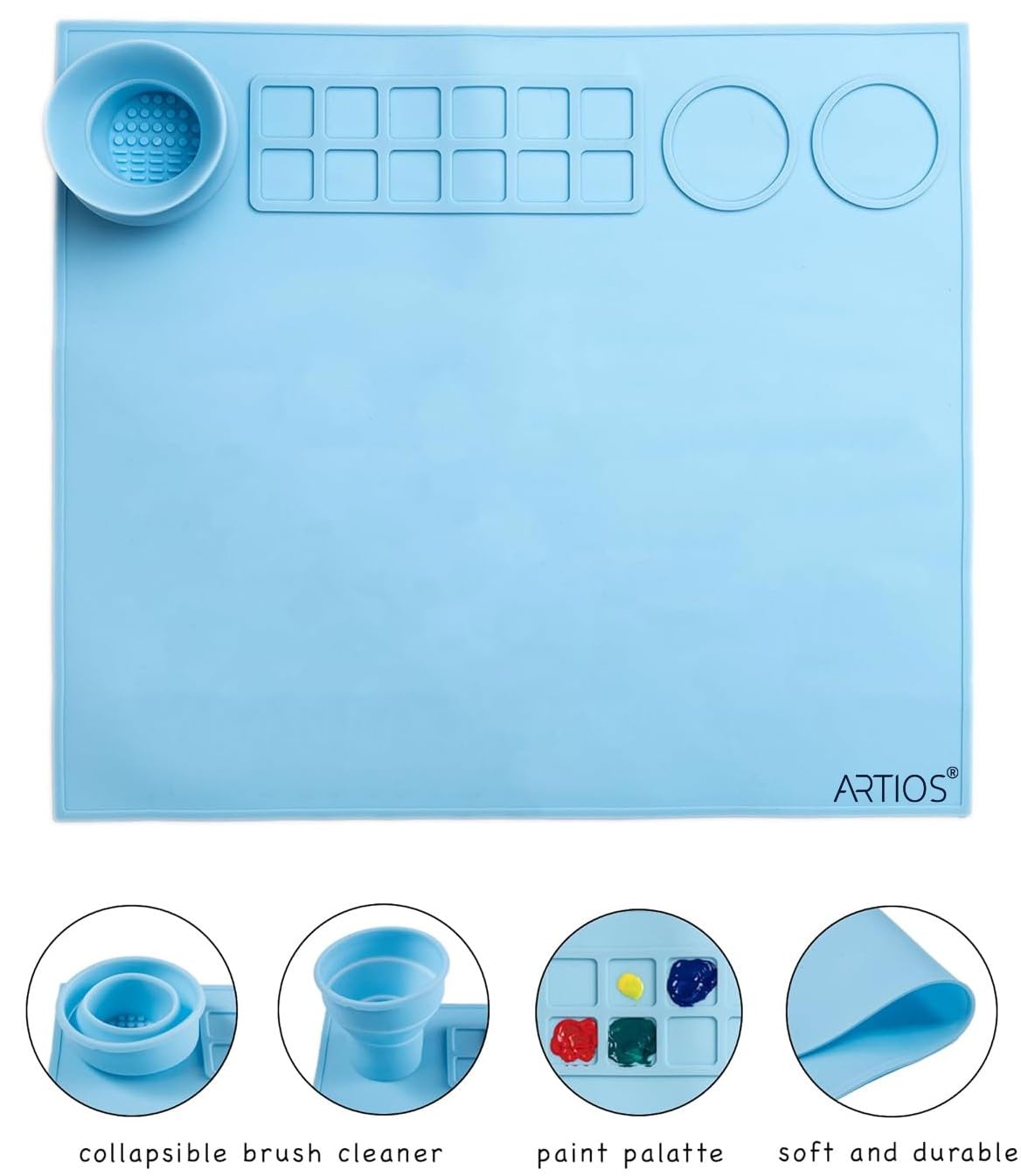 Silicone Painting Mat – 43x38cm Non-Stick & Waterproof Craft Mat for Painting – Foldable Brush Cleaning Cup, 12 Paint Wells & Mixing Area – Perfect for Acrylic, Watercolor, Clay & Resin Art
