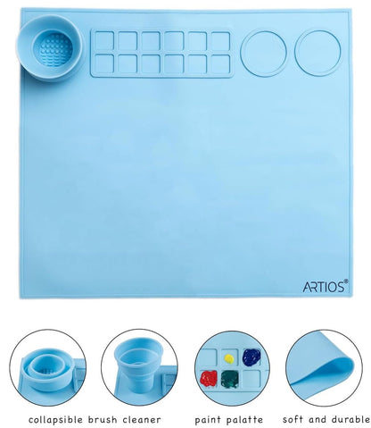 Silicone Painting Mat – 43x38cm Non-Stick & Waterproof Craft Mat for Painting – Foldable Brush Cleaning Cup, 12 Paint Wells & Mixing Area – Perfect for Acrylic, Watercolor, Clay & Resin Art