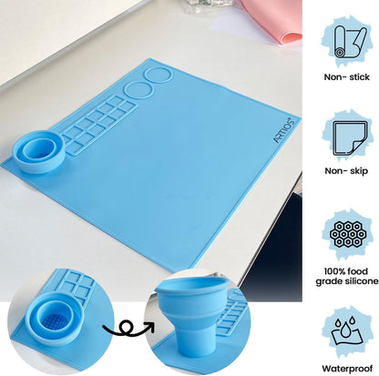 Silicone Painting Mat – 43x38cm Non-Stick & Waterproof Craft Mat for Painting – Foldable Brush Cleaning Cup, 12 Paint Wells & Mixing Area – Perfect for Acrylic, Watercolor, Clay & Resin Art
