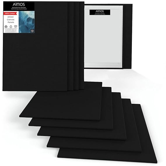 Stack of ARTIOS black primed Artists' Canvas Panels portrait format - 100% cotton, double primed, acid free, for oil, acrylic and mixed media