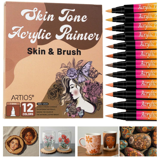 Skin Tone Acrylic Paint Markers - 12 Colors 1-6mm Brush Tip Paint Pens for Artists | Quick-Drying, Non-Toxic, Waterproof| Drawing Markers for Glass, Rock, Wood, Ceramic, Fabric & DIY Crafts