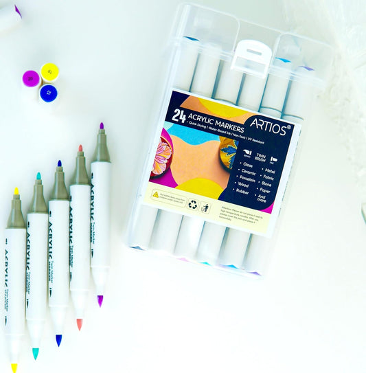 Acrylic Markers Set | 24 Vibrant Colors | Dual Tip Design (1mm Fine + Broad Brush) | Quick-Drying, Non-Toxic, Waterproof| Ideal for Glass, Rock, Wood, Ceramic, Fabric & DIY Crafts