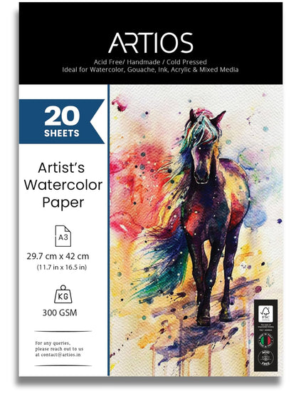 Watercolor Papers 25% Cotton for Artists - A3 (10 Sheets) Premium 300gsm Acid-Free, Smooth Absorbent Surface, Archival Quality- Ideal for Water colors, Gouache, Acrylics, and Ink