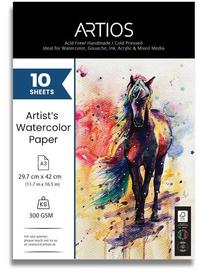 Watercolor Papers 25% Cotton for Artists - A3 (10 Sheets) Premium 300gsm Acid-Free, Smooth Absorbent Surface, Archival Quality- Ideal for Water colors, Gouache, Acrylics, and Ink