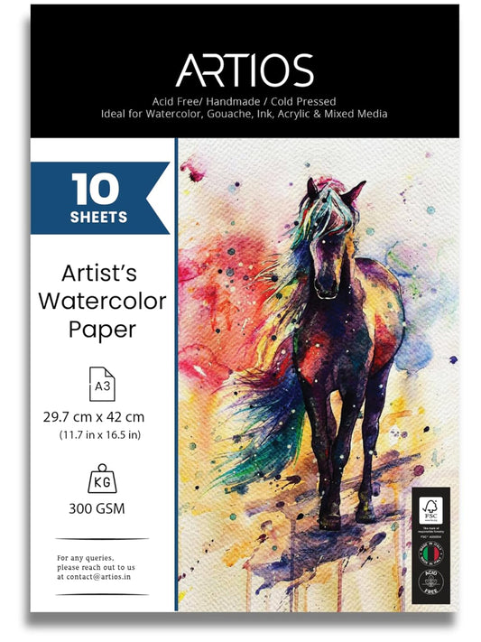 Watercolor Papers 25% Cotton for Artists - A3 (10 Sheets) Premium 300gsm Acid-Free, Smooth Absorbent Surface, Archival Quality- Ideal for Water colors, Gouache, Acrylics, and Ink