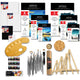 ARTIOS 121-piece Premium Painting Kit flat lay, canvas boards, cartridge and watercolor papers, 15 brushes, acrylic paints, 4 mini easels, two wooden palettes