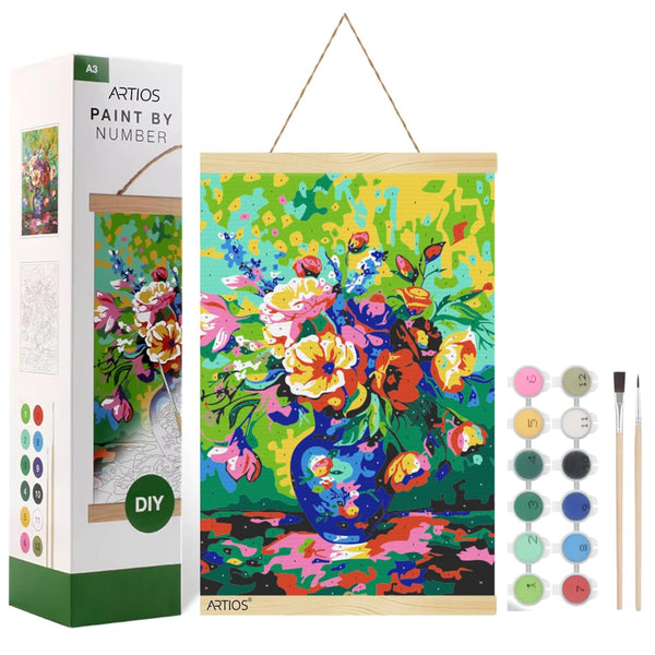ARTIOS Paint by Number A3 kit box with floral vase design, completed colorful floral painting in pine hanger frame, 12 numbered paint pots and 2 brushes
