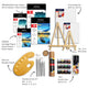 ARTIOS 108-piece kit contents diagram, cartridge and watercolor papers A4 and A5, canvas boards 8x10 and 10x12, 7-brush set, 12 acrylic colors, oval palette, two mini easels