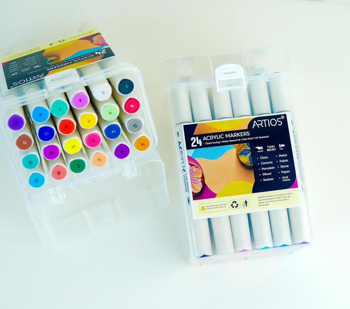 Acrylic Markers Set | 24 Vibrant Colors | Dual Tip Design (1mm Fine + Broad Brush) | Quick-Drying, Non-Toxic, Waterproof| Ideal for Glass, Rock, Wood, Ceramic, Fabric & DIY Crafts