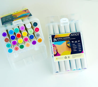 Acrylic Markers Set | 24 Vibrant Colors | Dual Tip Design (1mm Fine + Broad Brush) | Quick-Drying, Non-Toxic, Waterproof| Ideal for Glass, Rock, Wood, Ceramic, Fabric & DIY Crafts