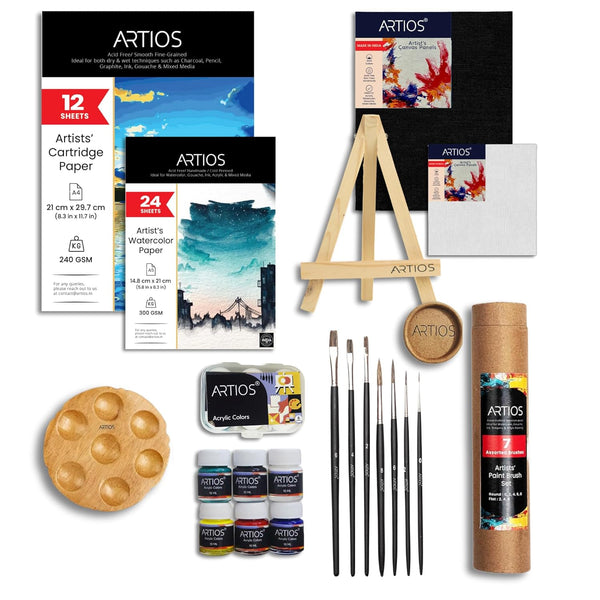 ARTIOS 53-piece Starter Kit flat lay, cartridge paper A4 12 sheets, watercolor paper A5 24 sheets, canvas boards, 8in easel, round palette, 6 acrylic colors, 7-brush set