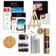 ARTIOS 53-piece Starter Kit flat lay, cartridge paper A4 12 sheets, watercolor paper A5 24 sheets, canvas boards, 8in easel, round palette, 6 acrylic colors, 7-brush set