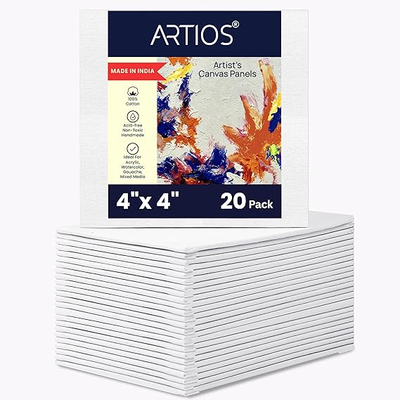 ARTIOS Artist's Canvas Panels 4x4 inch, 20 pack, 100% cotton acid free handmade, for acrylic, watercolor, gouache and mixed media
