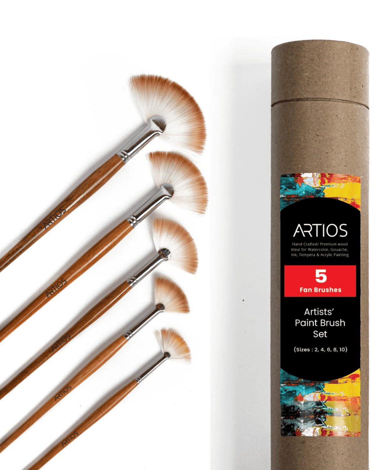 ARTIOS Fan Paint Brush - handmade synthetic bristles, wooden handle, for textures and blending