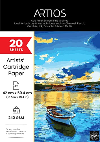 ARTIOS Artists' Cartridge Paper A2 - 240 GSM smooth acid free, 20 loose sheets, 42x59.4cm, for charcoal, pencil, ink and mixed media