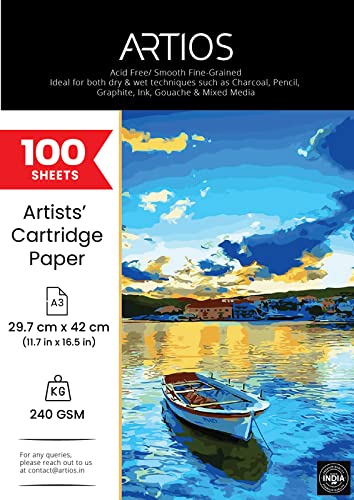 ARTIOS Artists' Cartridge Paper A3 - 240 GSM smooth acid free, 100 loose sheets, 29.7x42cm, for charcoal, pencil, ink and mixed media
