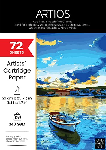 ARTIOS Artists' Cartridge Paper A4 - 240 GSM smooth acid free, 72 loose sheets, 21x29.7cm, for charcoal, pencil, ink and mixed media
