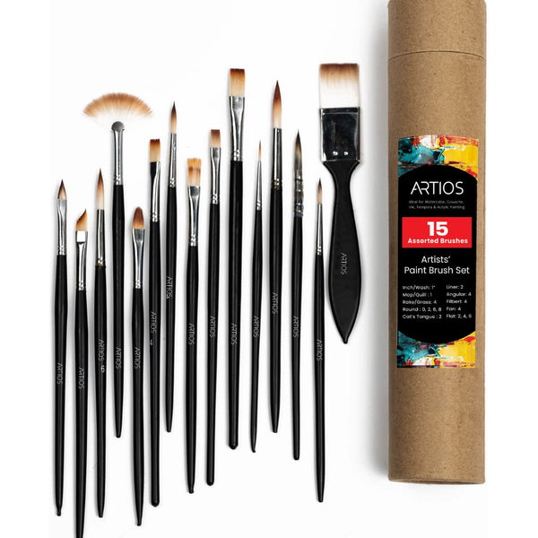 ARTIOS All-in-One Mixed set of 15 brushes, assorted types including mop fan angular filbert flat round liner, black handles with kraft tube
