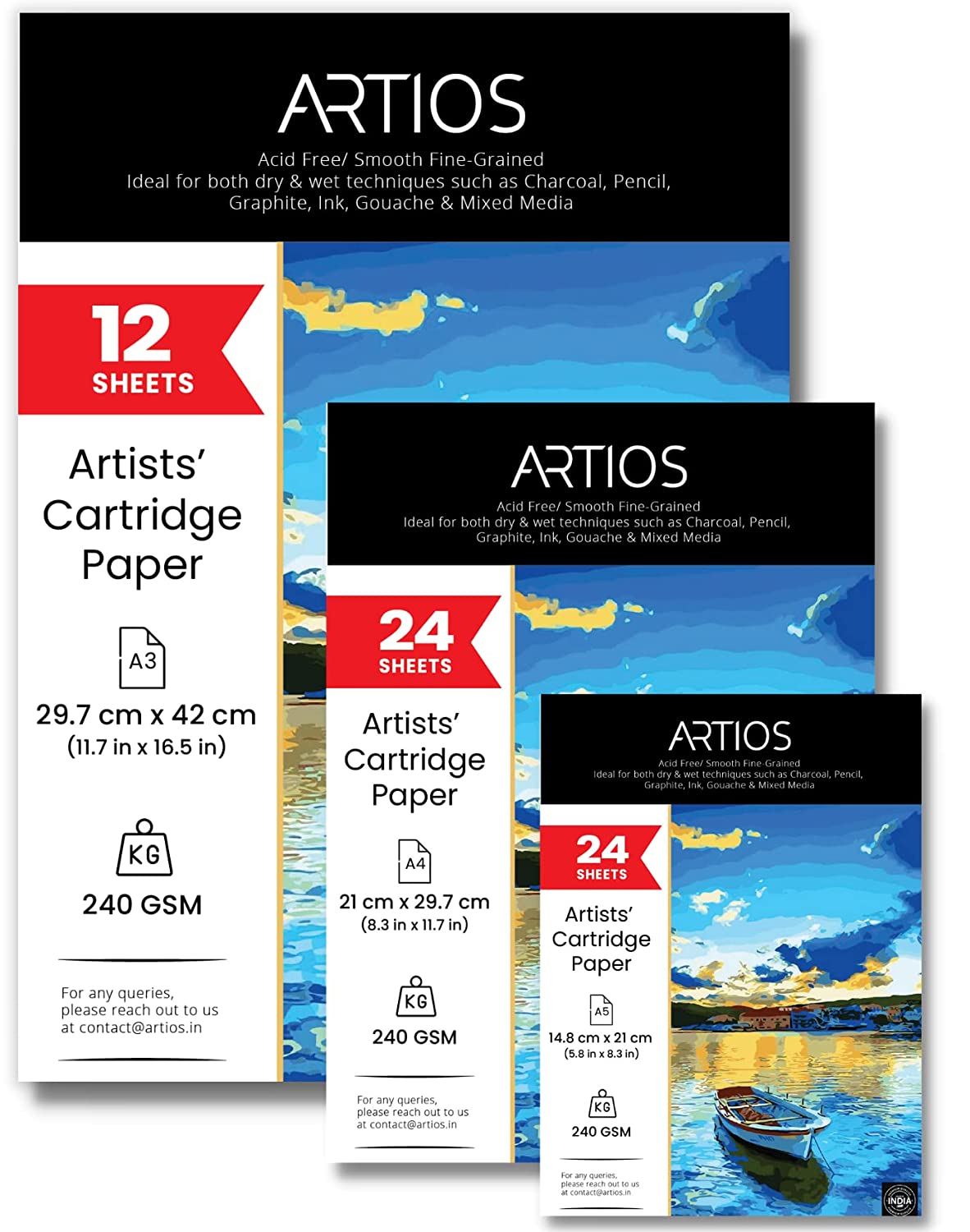 ARTIOS Artists' Cartridge Paper Combo - 240 GSM smooth acid free loose sheets: A3 12 sheets, A4 24 sheets, and A5 24 sheets