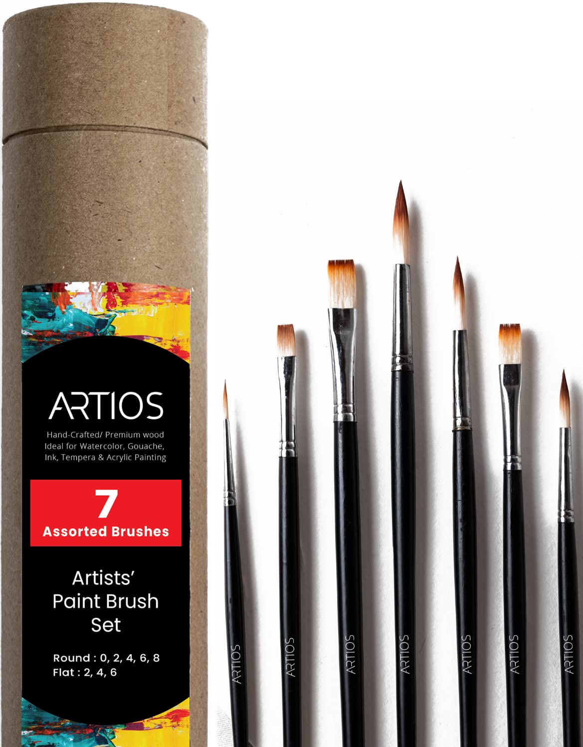 Assorted Set of 7 Round + Flat Paint Brushes