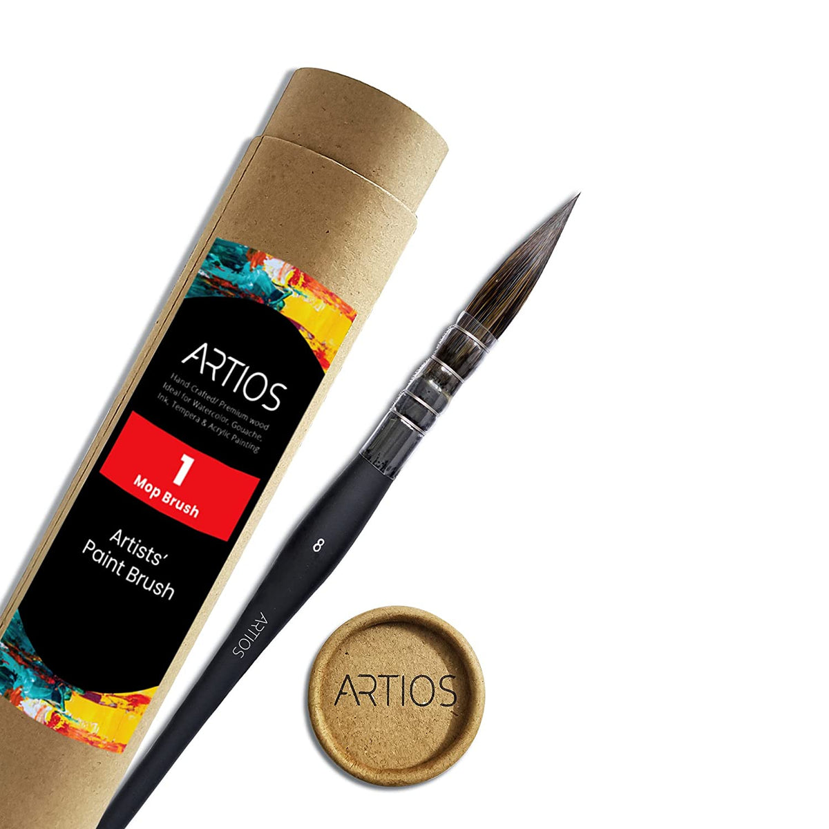 Single ARTIOS mop brush size 8, black handle, with kraft tube packaging and ARTIOS branded end cap