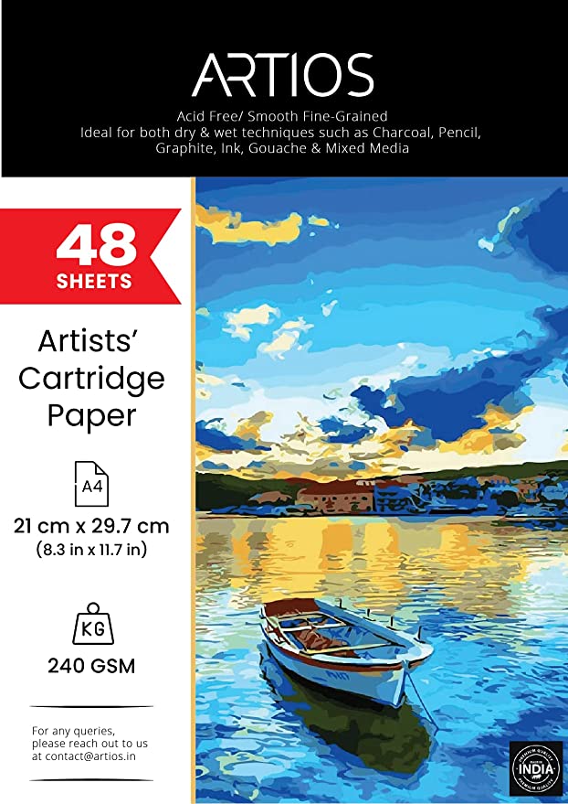 ARTIOS Artists' Cartridge Paper A4 - 240 GSM smooth acid free, 48 loose sheets, 21x29.7cm, for charcoal, pencil, ink and mixed media